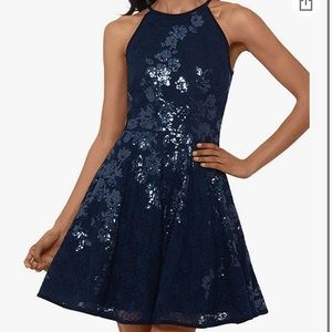 Xscape Navy Halter Fit & Flare dress.